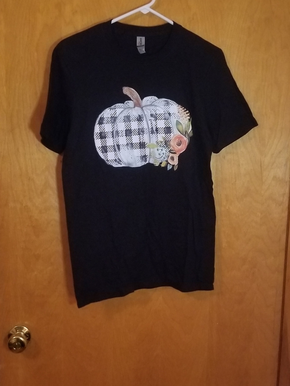 Gildan Black Kids Pumpkin Tee with Buffalo Check and Floral Accent